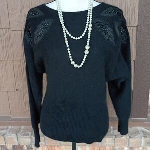 Angora! Crescendo Black Fuzzy Wool Blend Beaded Dolman Sleeves Sweater